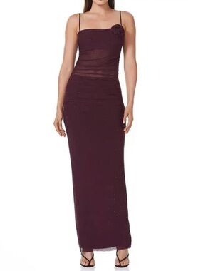 AFRM Jennan Rhinestone Rosette Maroon Ruched Mesh Maxi Dress Size XS